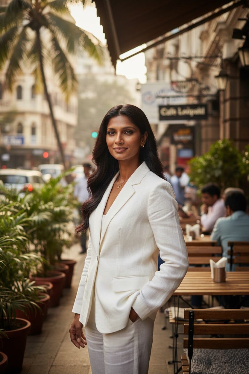 Meera white suit Mumbai cafe
